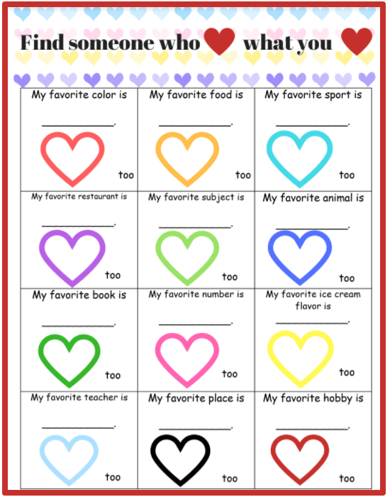 Valentine's Day Classroom Activity - Find who loves what you love!